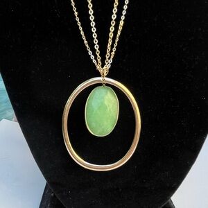 Massini Gold Tone Double Chain Necklace Green Pendant With Matching Earrings Set